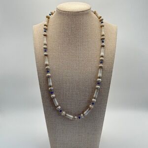 Vintage Blue White clay porcelain Gold Accent Women's necklace‎ Jewelry